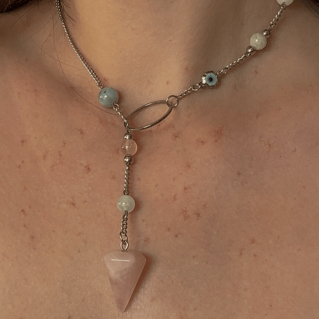 Collier PENDULE quartz rose , moraganite