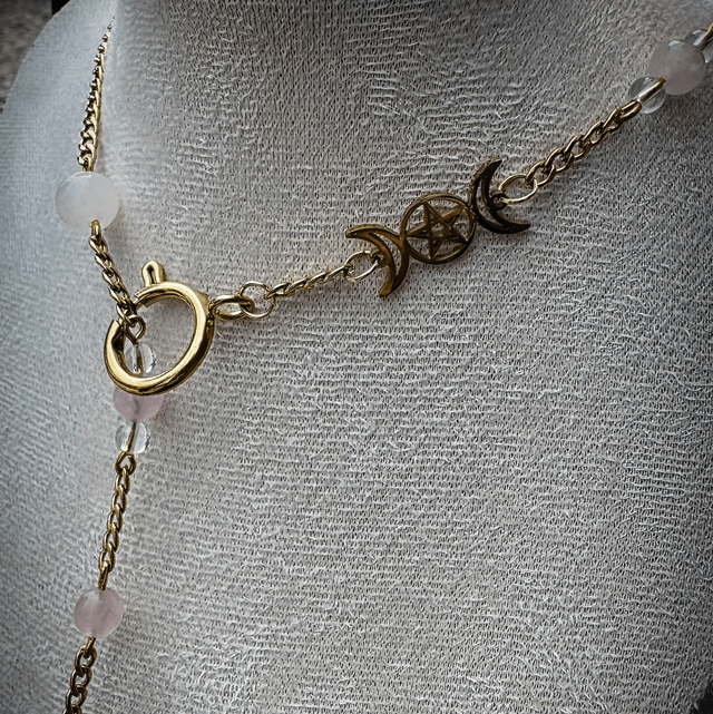 Collier PENDULE quartz rose et cristal de roche 