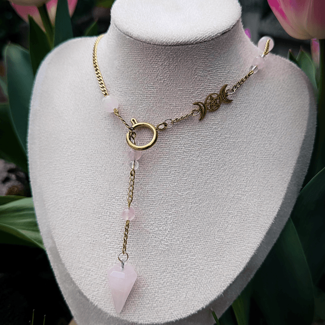 Collier PENDULE quartz rose et cristal de roche 